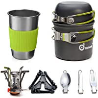 Odoland Utensilios Cocina Camping Kit con Ollas Camping y Sartén de Aluminio- Estufa Trekking- Taza de Acero Inoxidable…